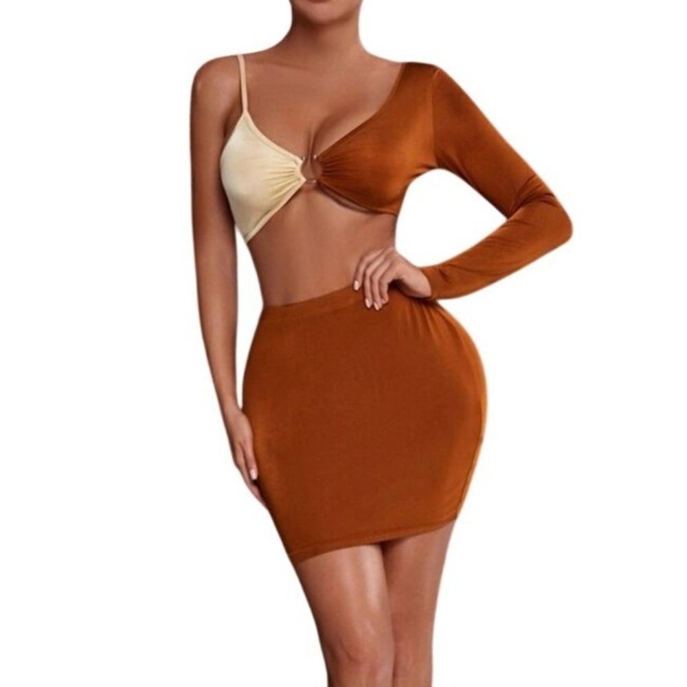 Sexy Bodycon Club Party mini dress brown tan stretch modern hot date Colorblock